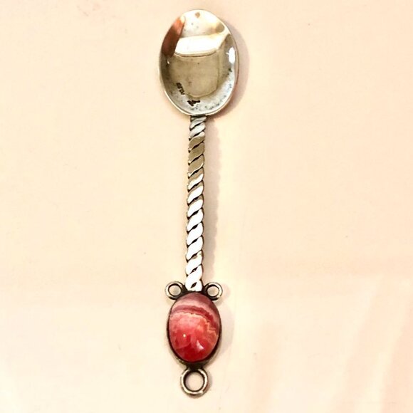 Antique Argentina Handcrafted Silver Demitasse Spoon Pink Rhodochrosite Crystal - Picture 1 of 7